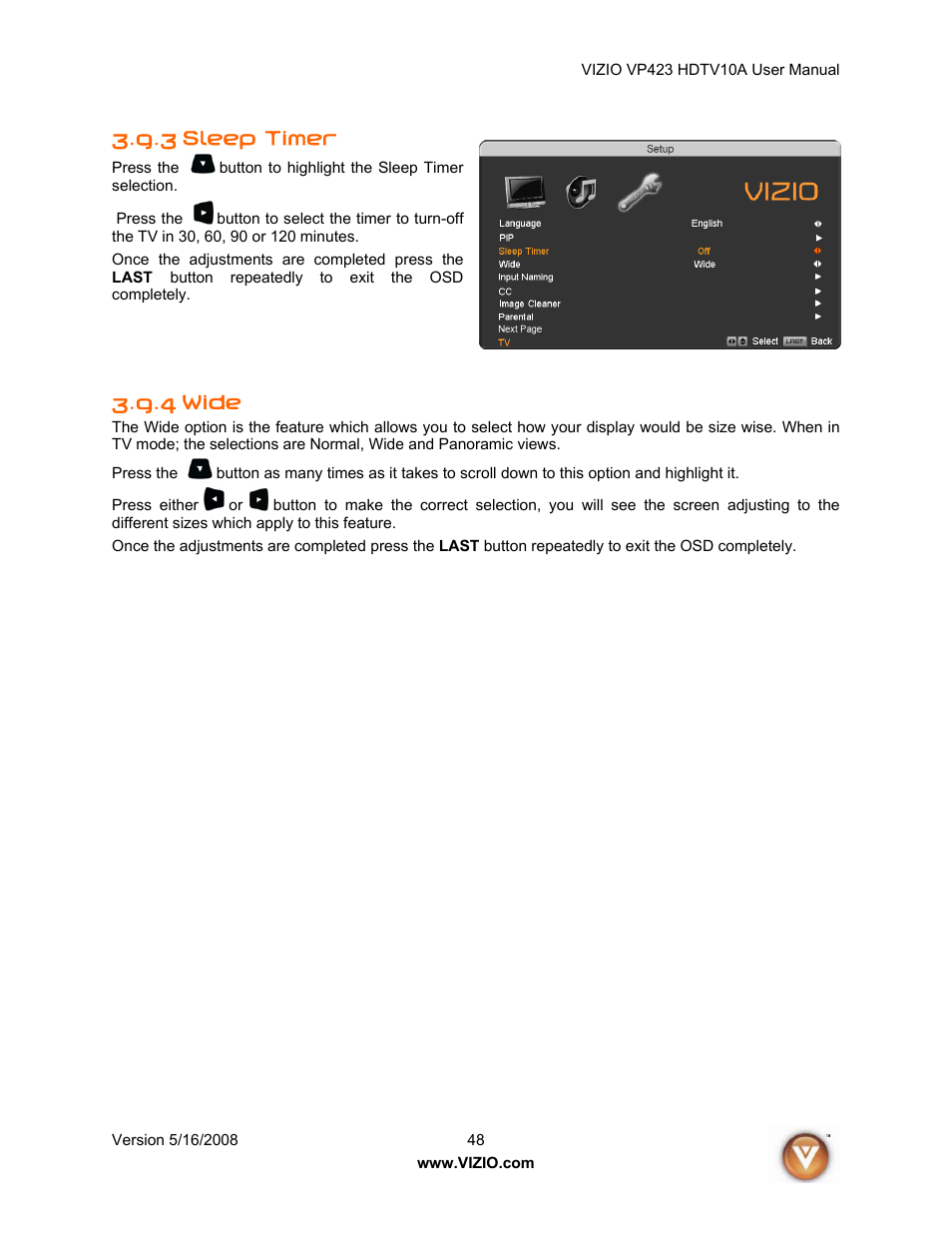 3 sleep timer, 4 wide | Vizio VP423 10A User Manual | Page 48 / 80