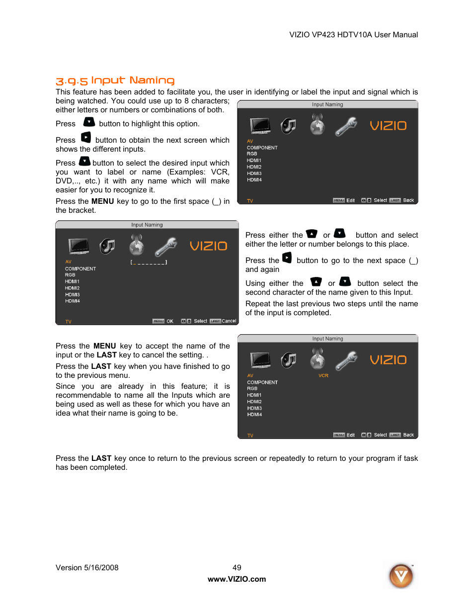 5 input naming | Vizio VP423 10A User Manual | Page 49 / 80