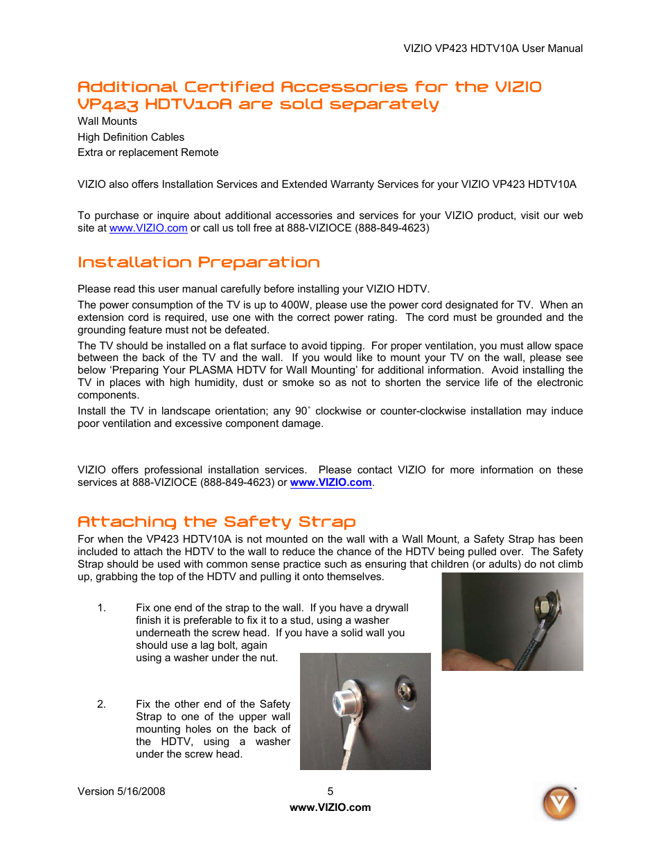Installation preparation, Attaching the safety strap | Vizio VP423 10A User Manual | Page 5 / 80