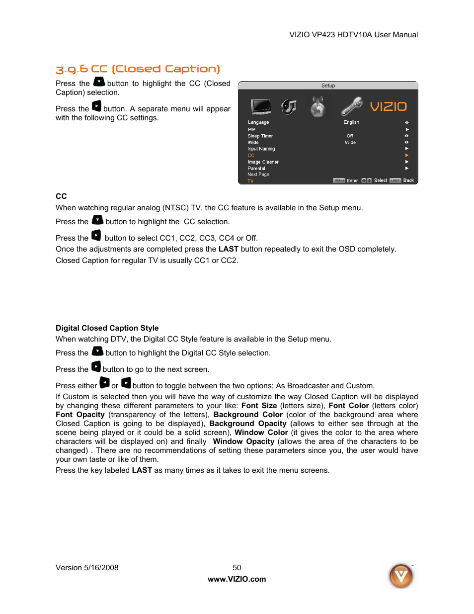 6 cc (closed caption) | Vizio VP423 10A User Manual | Page 50 / 80