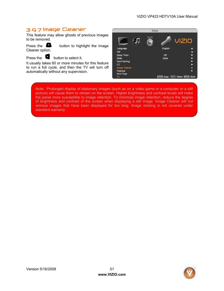 Image cleaner, 7 image cleaner | Vizio VP423 10A User Manual | Page 51 / 80