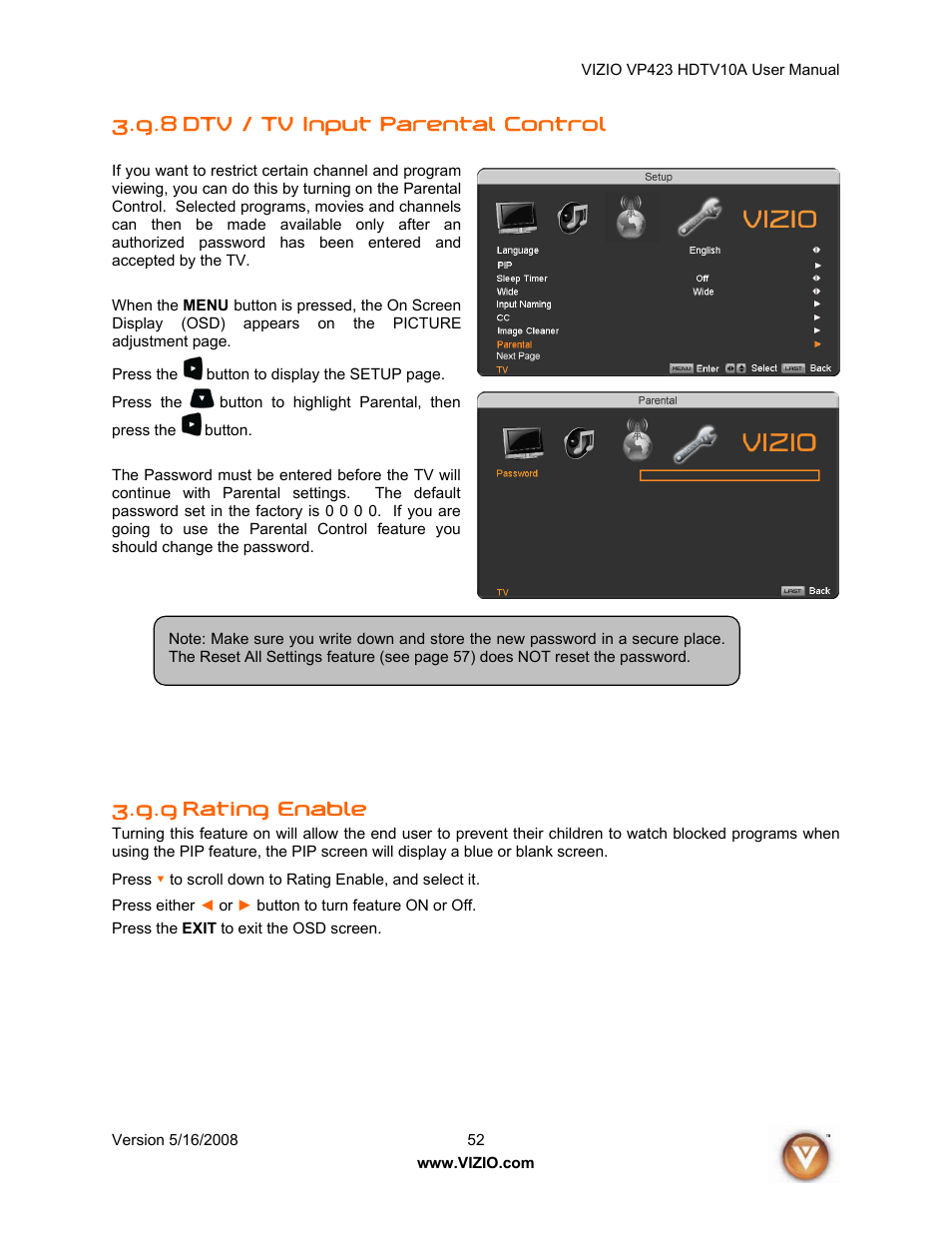 8 dtv / tv input parental control, 9 rating enable | Vizio VP423 10A User Manual | Page 52 / 80