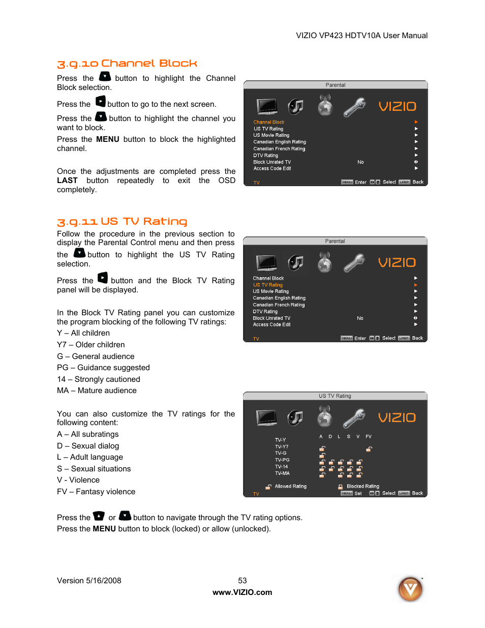 10 channel block, 11 us tv rating | Vizio VP423 10A User Manual | Page 53 / 80