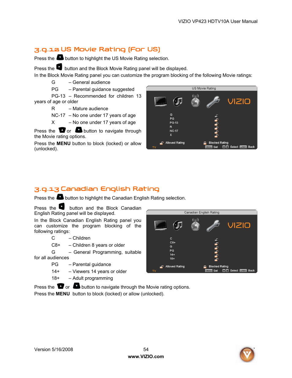 12 us movie rating (for us), 13 canadian english rating | Vizio VP423 10A User Manual | Page 54 / 80