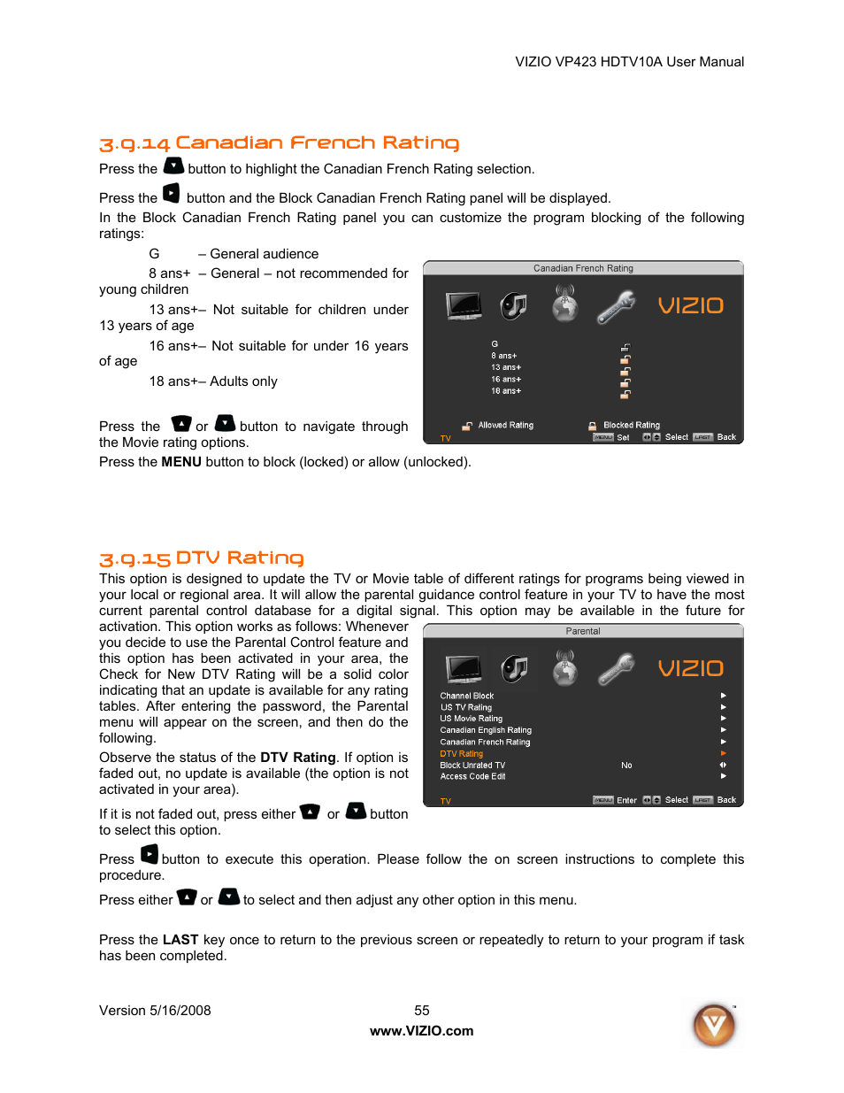 14 canadian french rating, 15 dtv rating | Vizio VP423 10A User Manual | Page 55 / 80