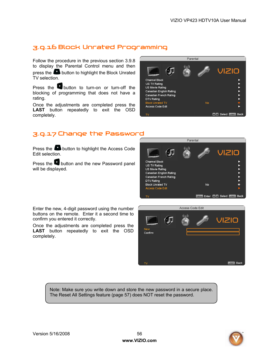 16 block unrated programming, Change the password, 17 change the password | Vizio VP423 10A User Manual | Page 56 / 80