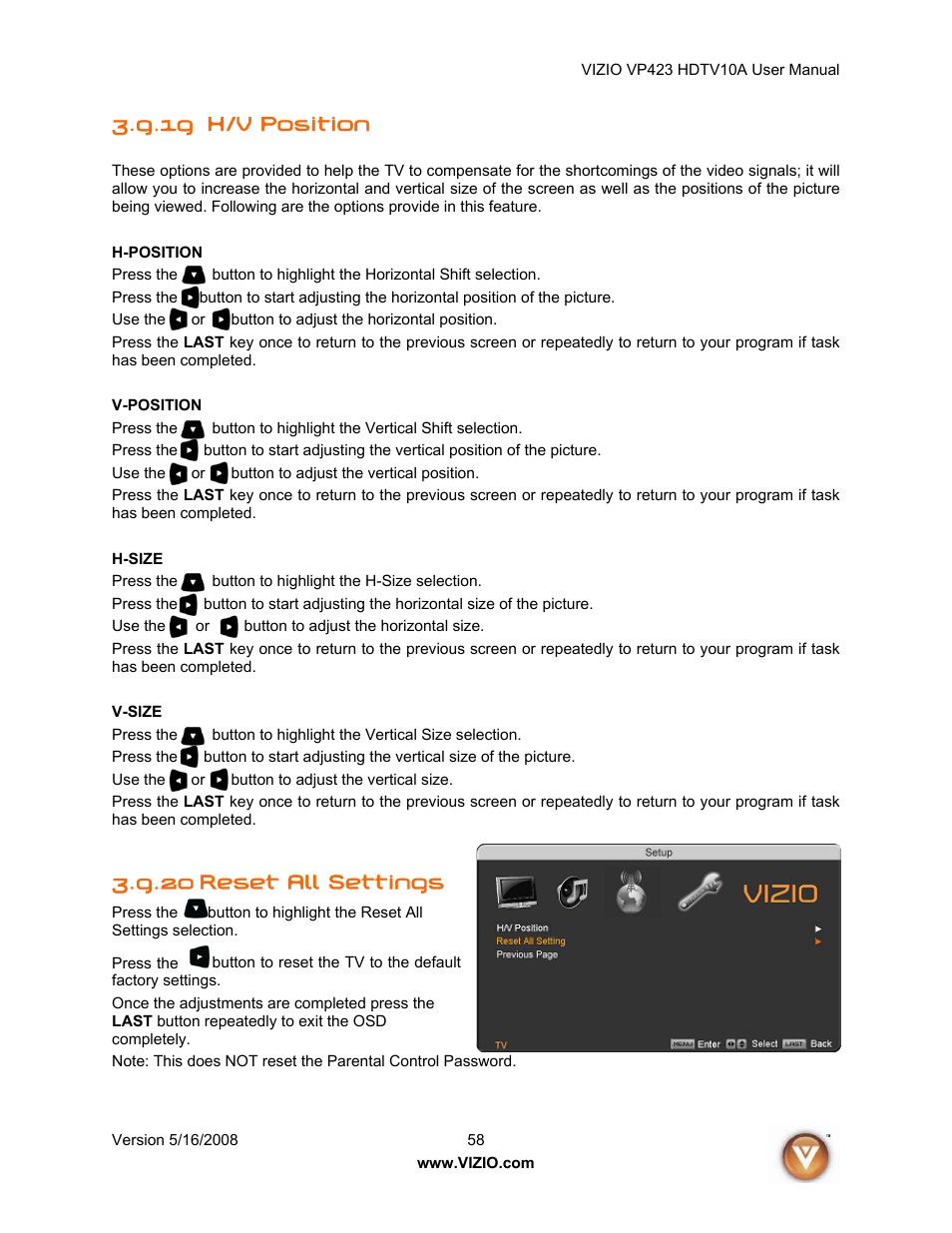 19 h/v position, 20 reset all settings | Vizio VP423 10A User Manual | Page 58 / 80