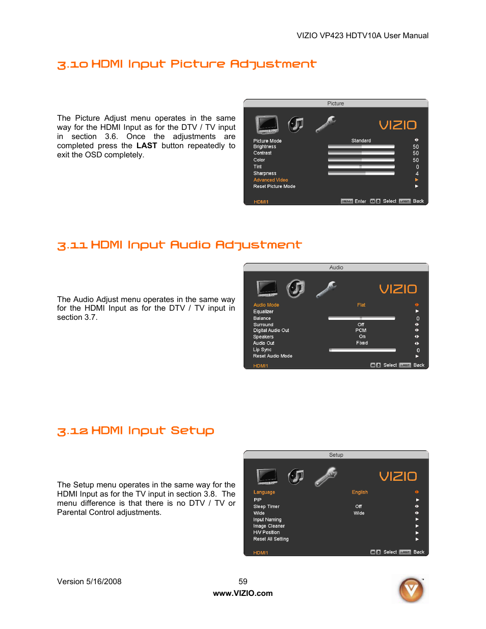 10 hdmi input picture adjustment, 11 hdmi input audio adjustment, 12 hdmi input setup | Vizio VP423 10A User Manual | Page 59 / 80