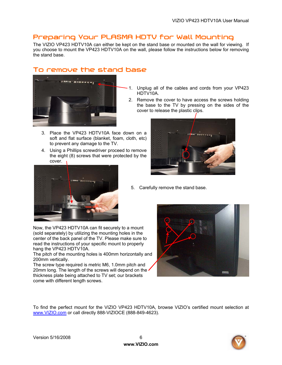 Preparing your plasma hdtv for wall mounting | Vizio VP423 10A User Manual | Page 6 / 80