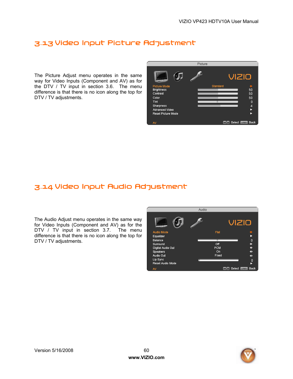 13 video input picture adjustment, 14 video input audio adjustment | Vizio VP423 10A User Manual | Page 60 / 80