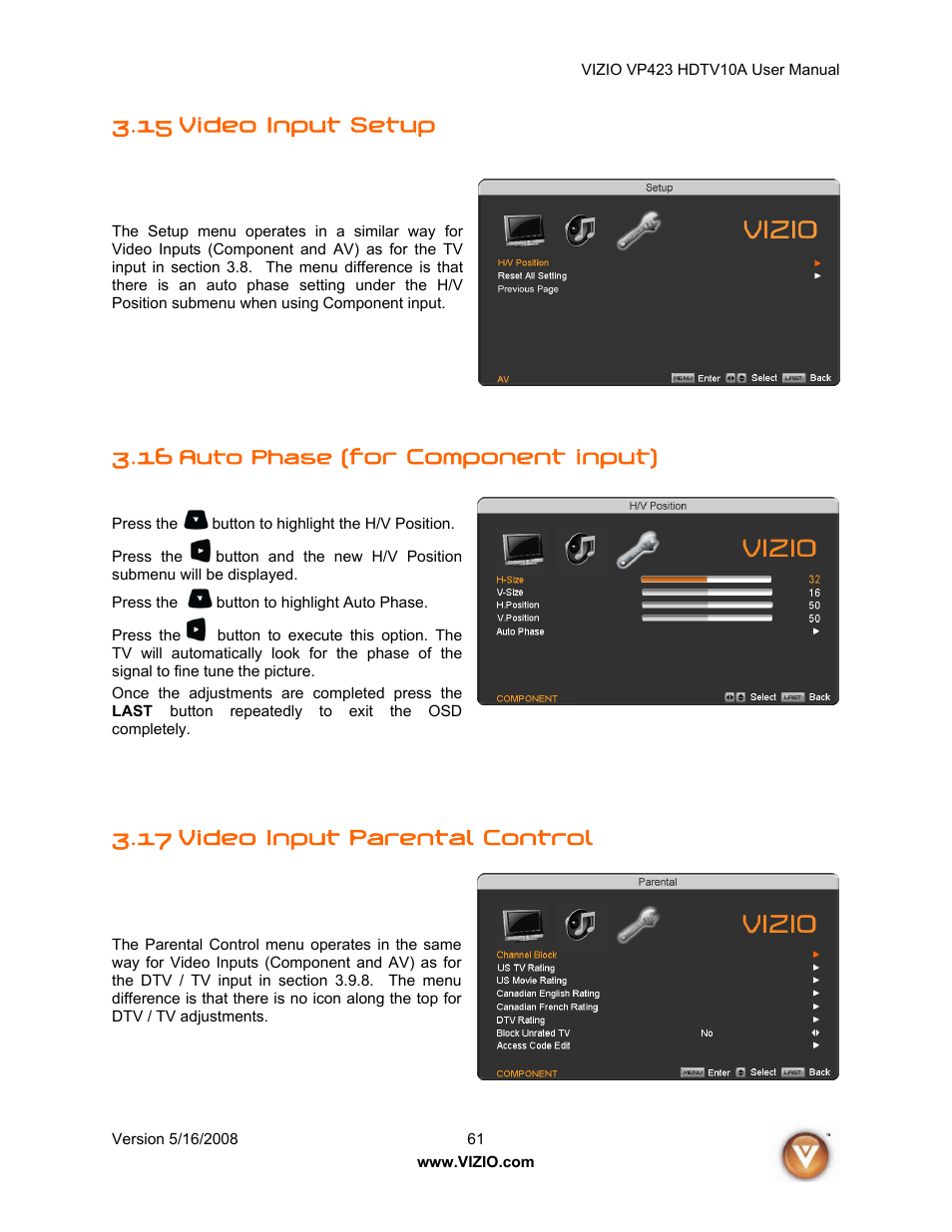 15 video input setup, 16 auto phase (for component input), 17 video input parental control | For component input) | Vizio VP423 10A User Manual | Page 61 / 80