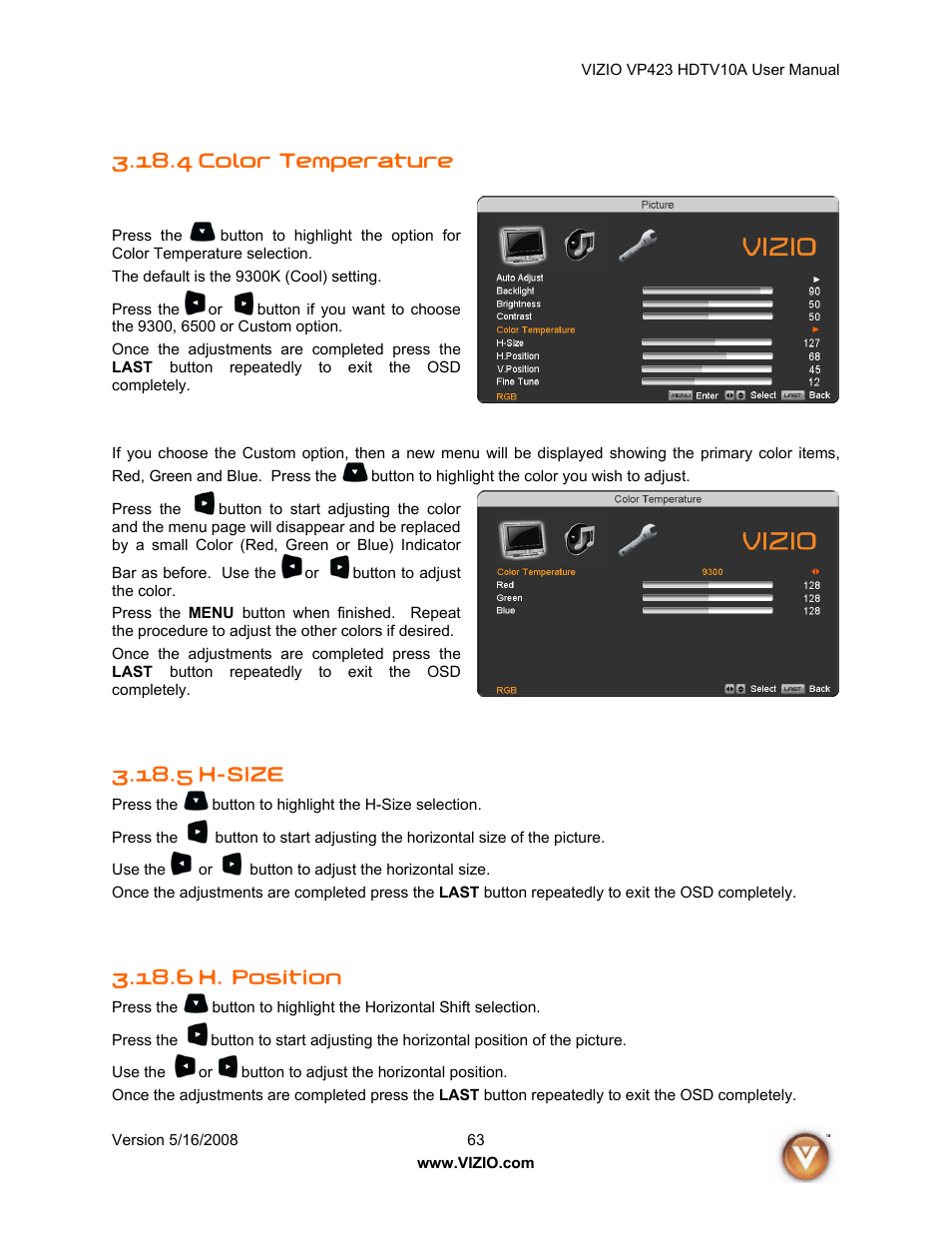4 color temperature, 5 h-size, 6 h. position | Vizio VP423 10A User Manual | Page 63 / 80