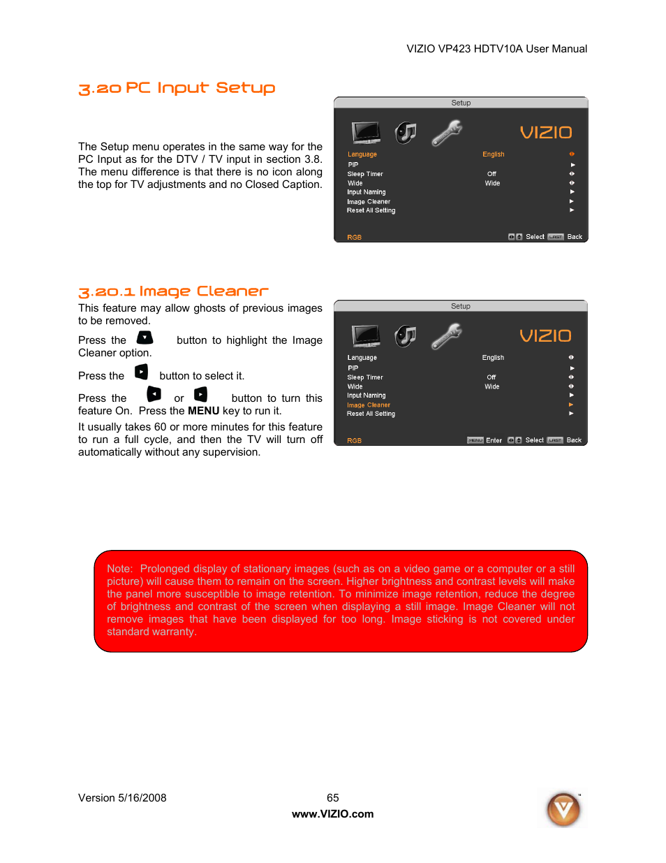 Pc input setup, Image cleaner, 20 pc input setup | 1 image cleaner | Vizio VP423 10A User Manual | Page 65 / 80