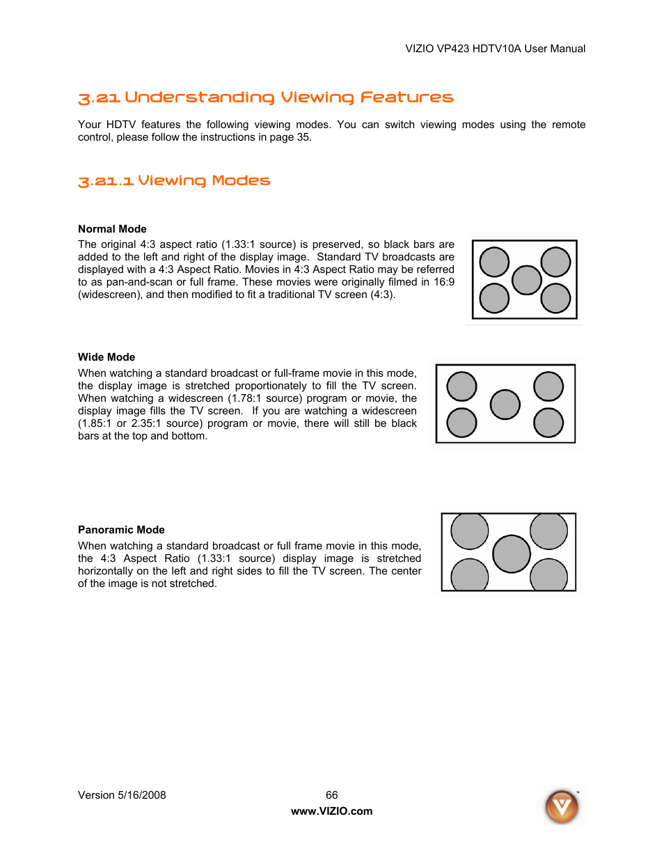21 understanding viewing features, 1 viewing modes | Vizio VP423 10A User Manual | Page 66 / 80