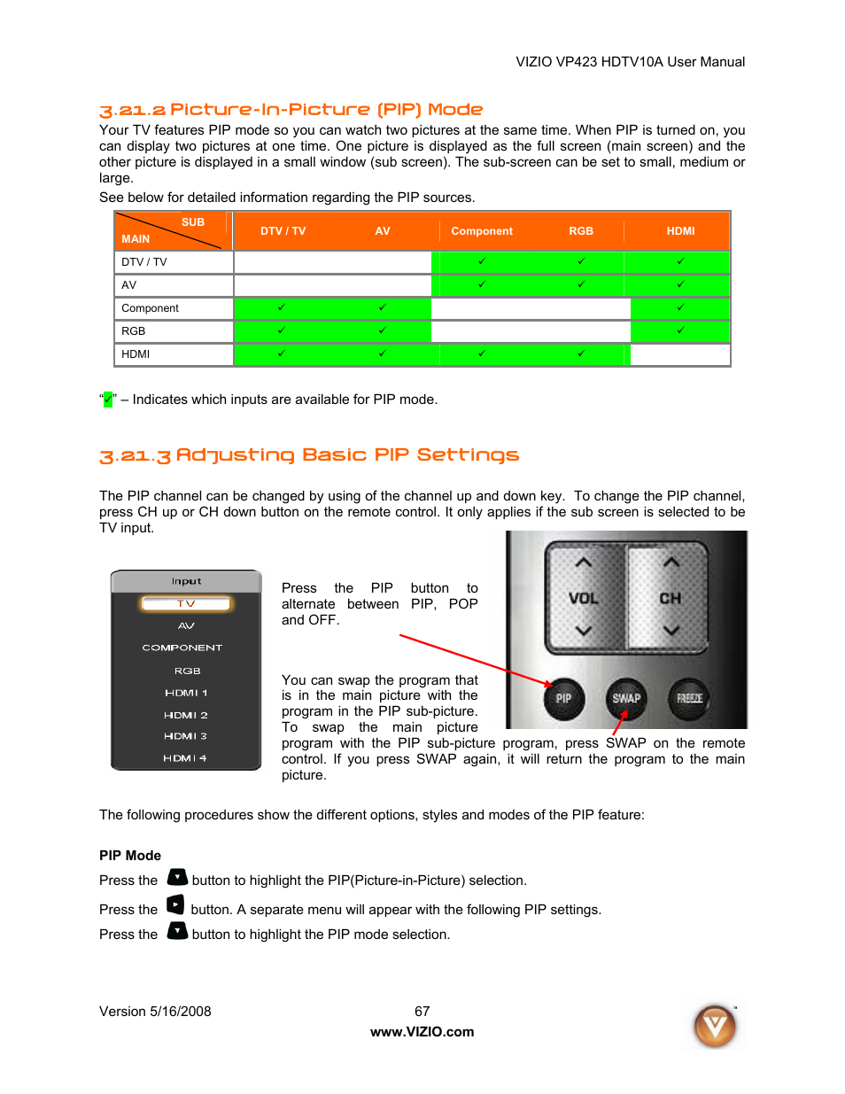 2 picture-in-picture (pip) mode, 3 adjusting basic pip settings | Vizio VP423 10A User Manual | Page 67 / 80