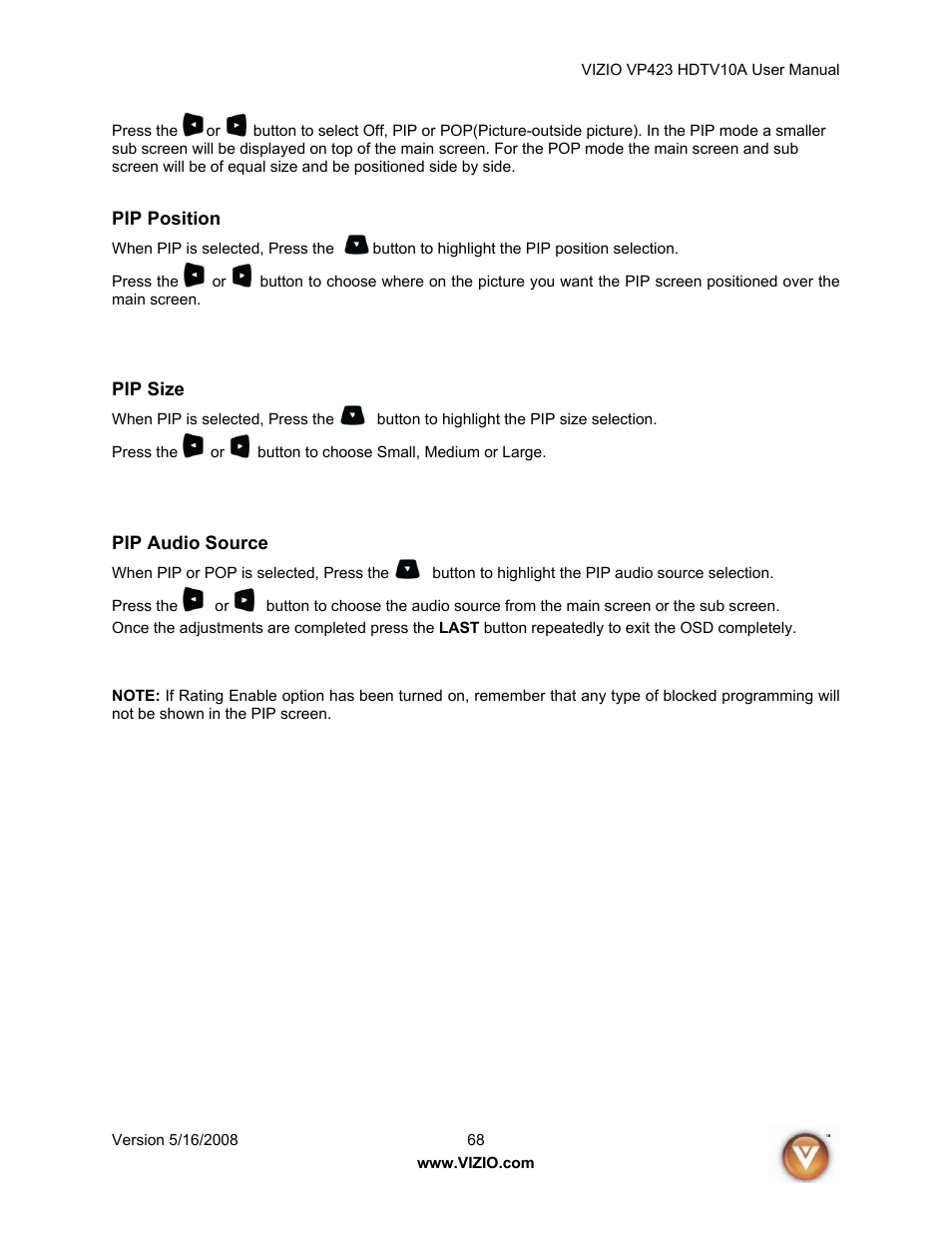 Pip position, Pip size, Pip audio source | Vizio VP423 10A User Manual | Page 68 / 80