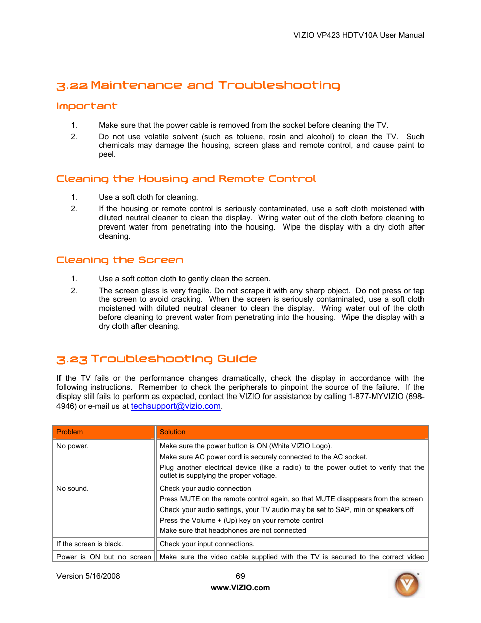 22 maintenance and troubleshooting, 23 troubleshooting guide | Vizio VP423 10A User Manual | Page 69 / 80