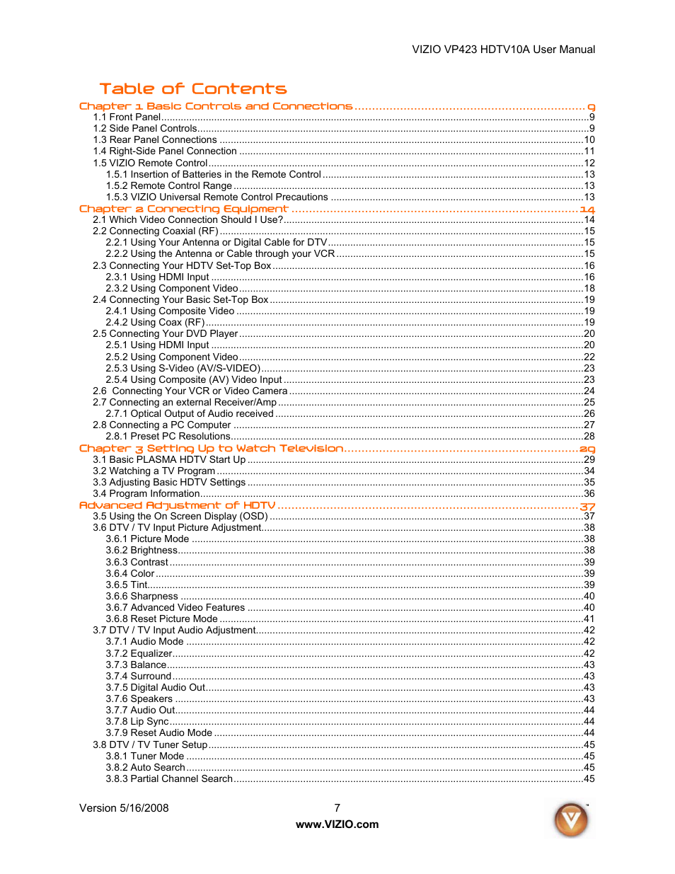 Vizio VP423 10A User Manual | Page 7 / 80