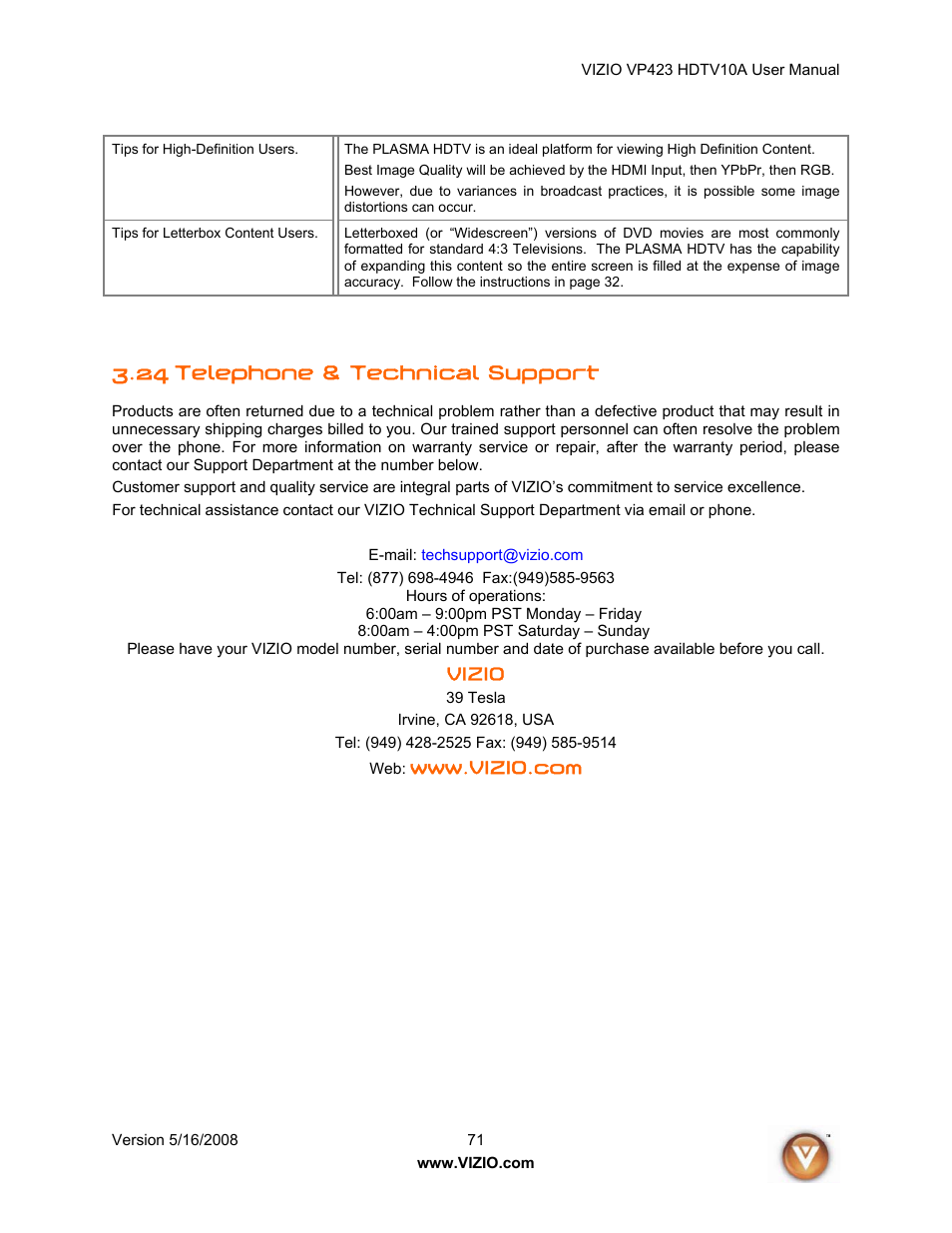 24 telephone & technical support | Vizio VP423 10A User Manual | Page 71 / 80
