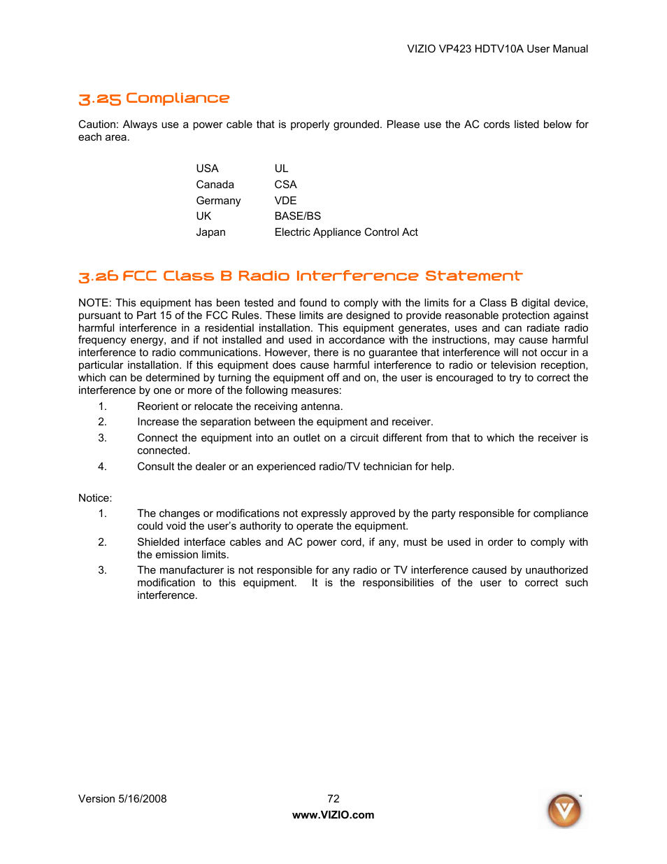 25 compliance, 26 fcc class b radio interference statement, Compliance | Vizio VP423 10A User Manual | Page 72 / 80