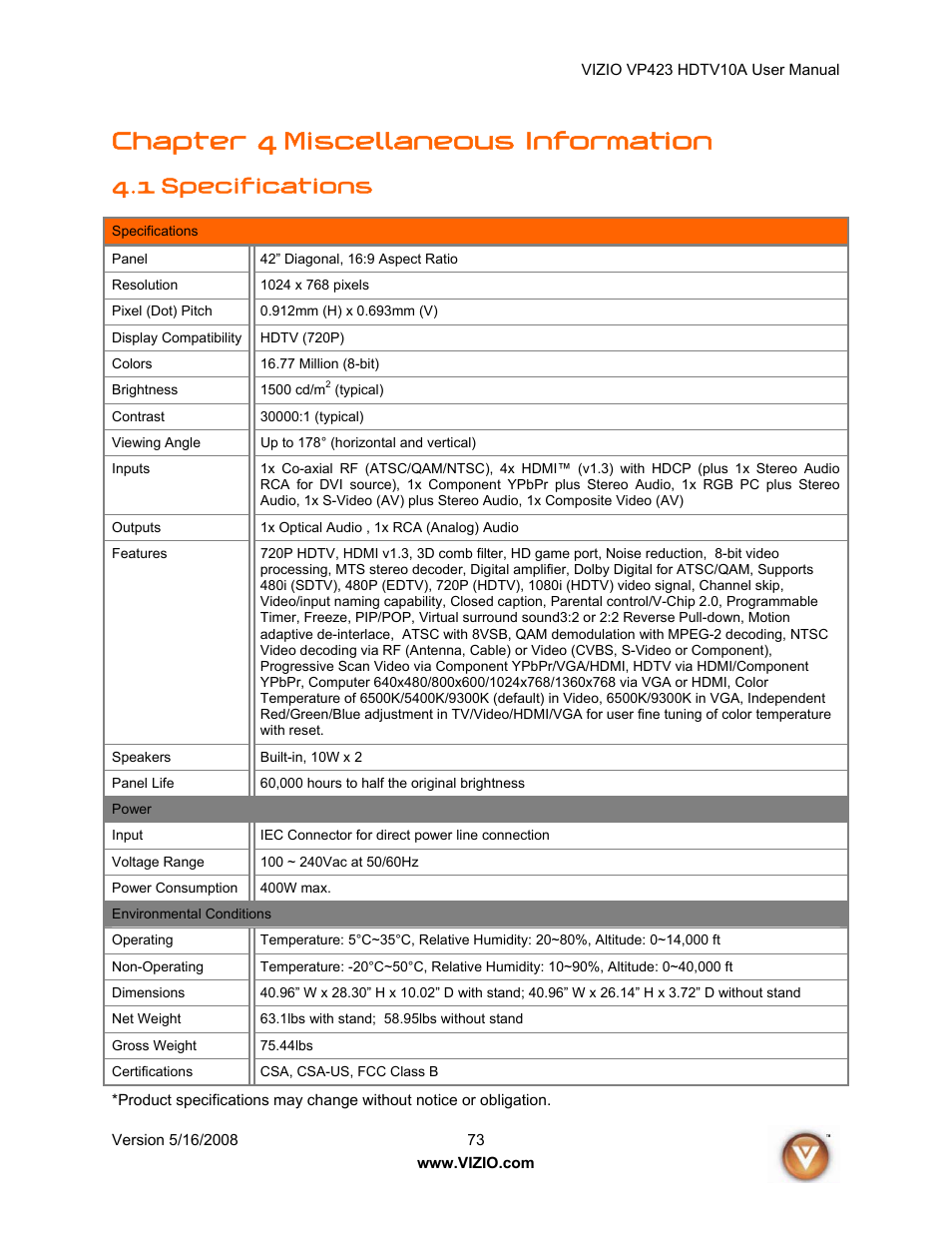 Chapter 4 miscellaneous information, 1 specifications | Vizio VP423 10A User Manual | Page 73 / 80