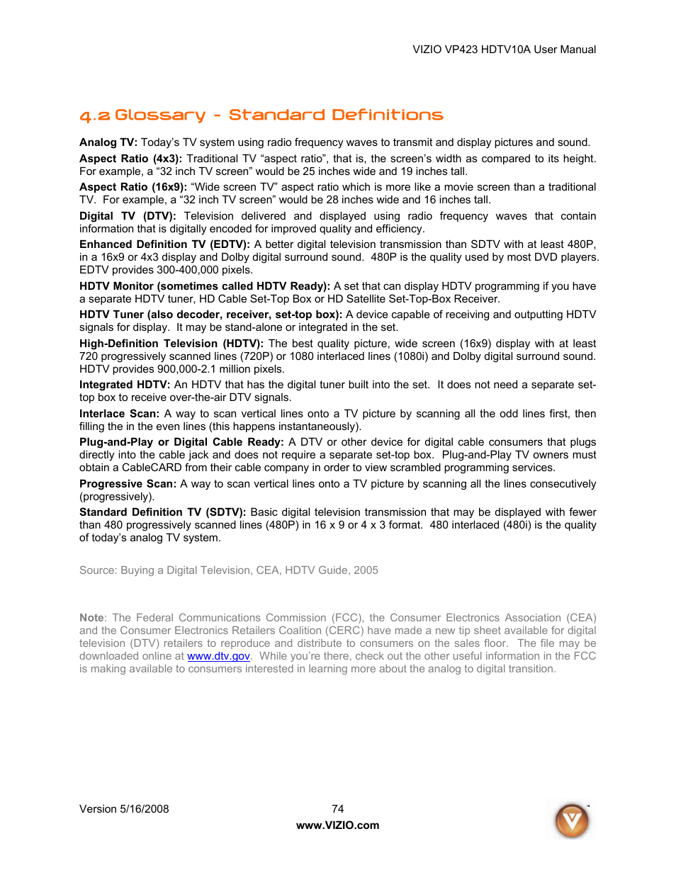 2 glossary – standard definitions | Vizio VP423 10A User Manual | Page 74 / 80