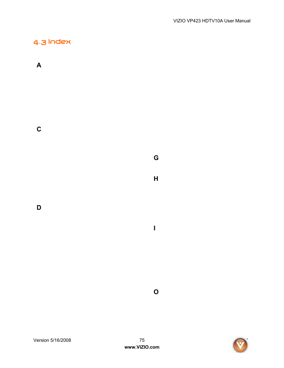 3 index | Vizio VP423 10A User Manual | Page 75 / 80