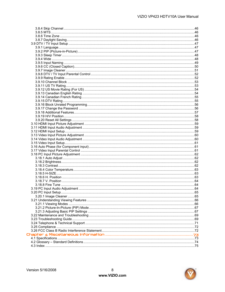 Vizio VP423 10A User Manual | Page 8 / 80