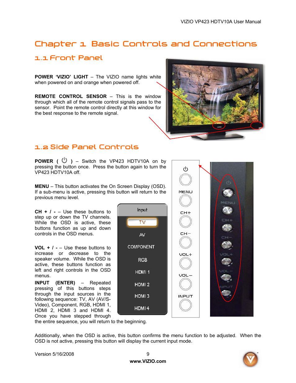 Chapter 1 basic controls and connections, Front panel, 2 side panel controls | 1 front panel | Vizio VP423 10A User Manual | Page 9 / 80