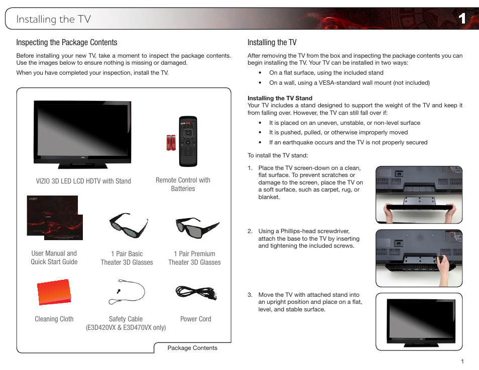 Installing the tv, Inspecting the package contents, Installing the tv stand | Inspecting the package contents installing the tv | Vizio E3D420VX User Manual | Page 10 / 56