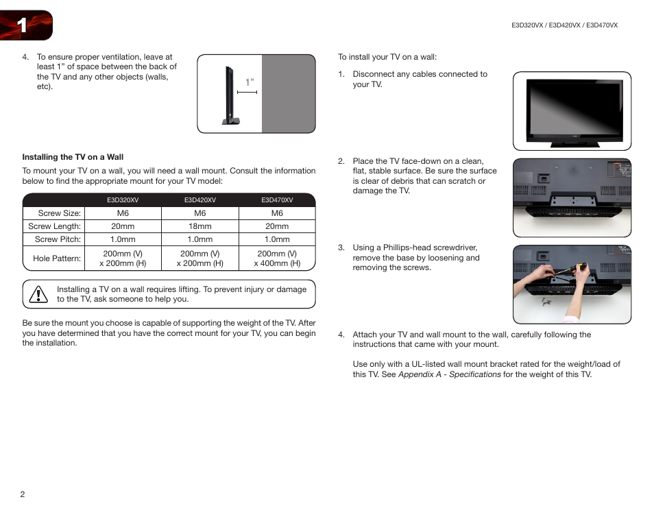 Installing the tv on a wall | Vizio E3D420VX User Manual | Page 11 / 56