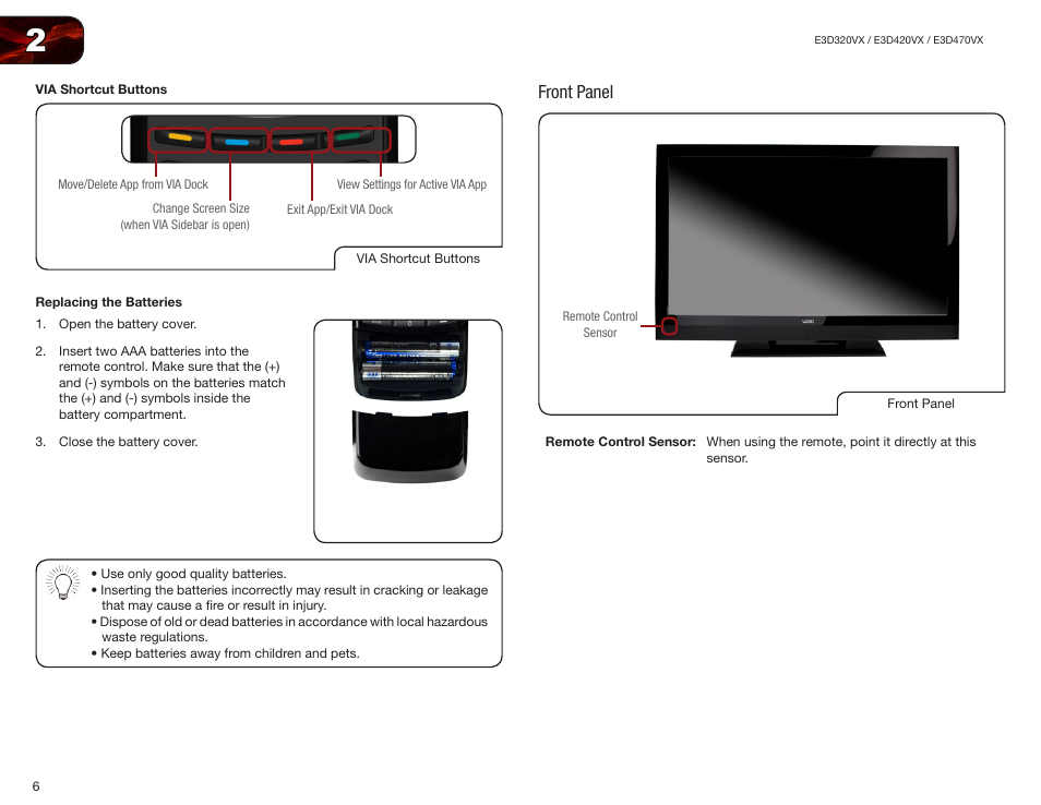 Via shortcut buttons, Replacing the batteries, Front panel | Via shortcut buttons replacing the batteries | Vizio E3D420VX User Manual | Page 15 / 56