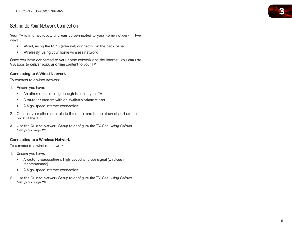 Setting up your network connection, Connecting to a wired network, Connecting to a wireless network | Vizio E3D420VX User Manual | Page 18 / 56