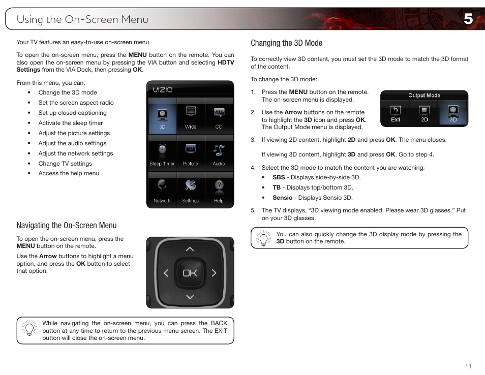 Using the on-screen menu, Navigating the on-screen menu, Changing the 3d mode | Navigating the on-screen menu changing the 3d mode | Vizio E3D420VX User Manual | Page 20 / 56