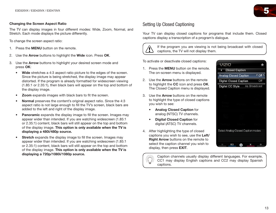 Changing the screen aspect ratio, Setting up closed captioning | Vizio E3D420VX User Manual | Page 22 / 56