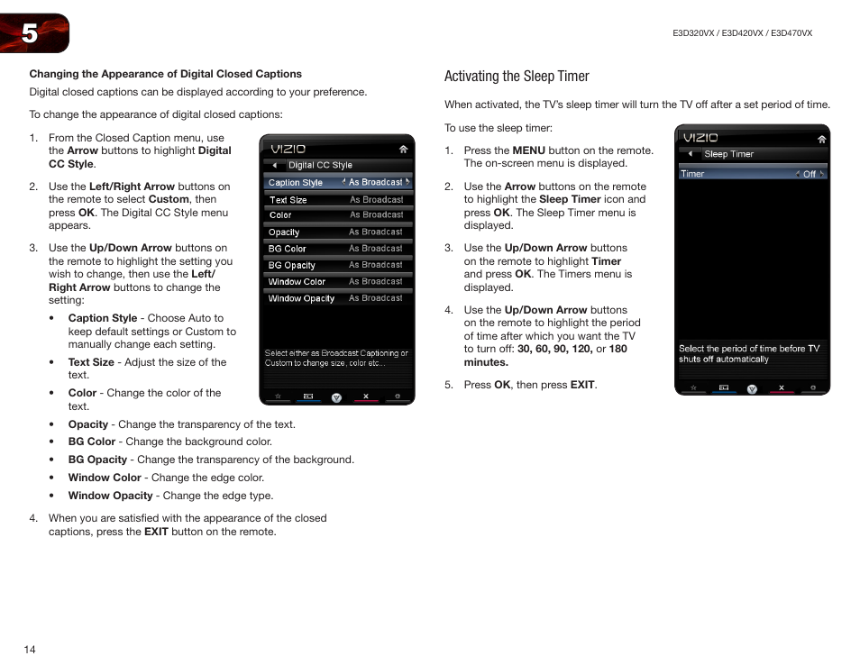 Changing the appearance of digital closed captions, Activating the sleep timer | Vizio E3D420VX User Manual | Page 23 / 56