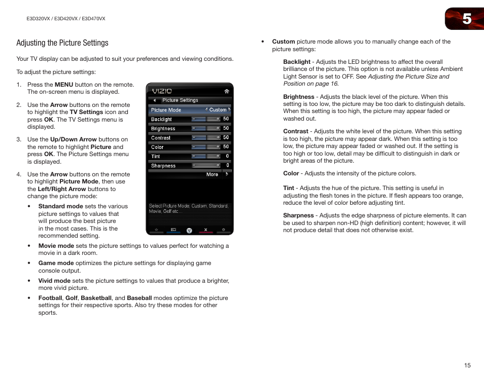 Adjusting the picture settings | Vizio E3D420VX User Manual | Page 24 / 56