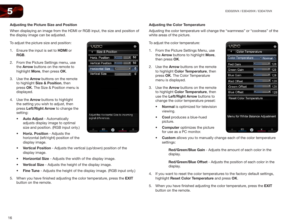 Adjusting the picture size and position, Adjusting the color temperature | Vizio E3D420VX User Manual | Page 25 / 56