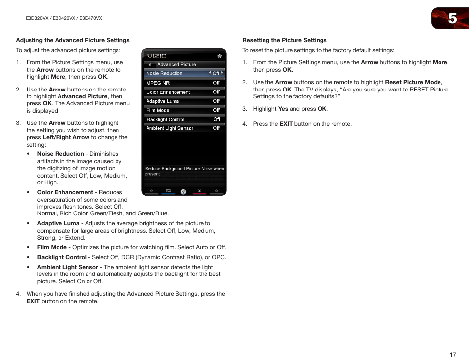 Adjusting the advanced picture settings, Resetting the picture settings | Vizio E3D420VX User Manual | Page 26 / 56