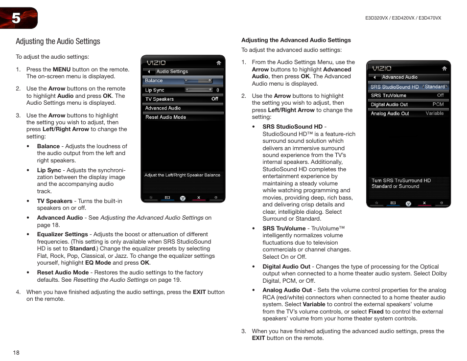 Adjusting the audio settings, Adjusting the advanced audio settings | Vizio E3D420VX User Manual | Page 27 / 56