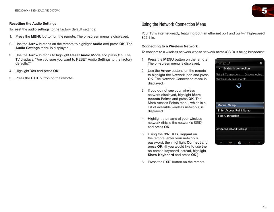 Resetting the audio settings, Using the network connection menu, Connecting to a wireless network | Vizio E3D420VX User Manual | Page 28 / 56