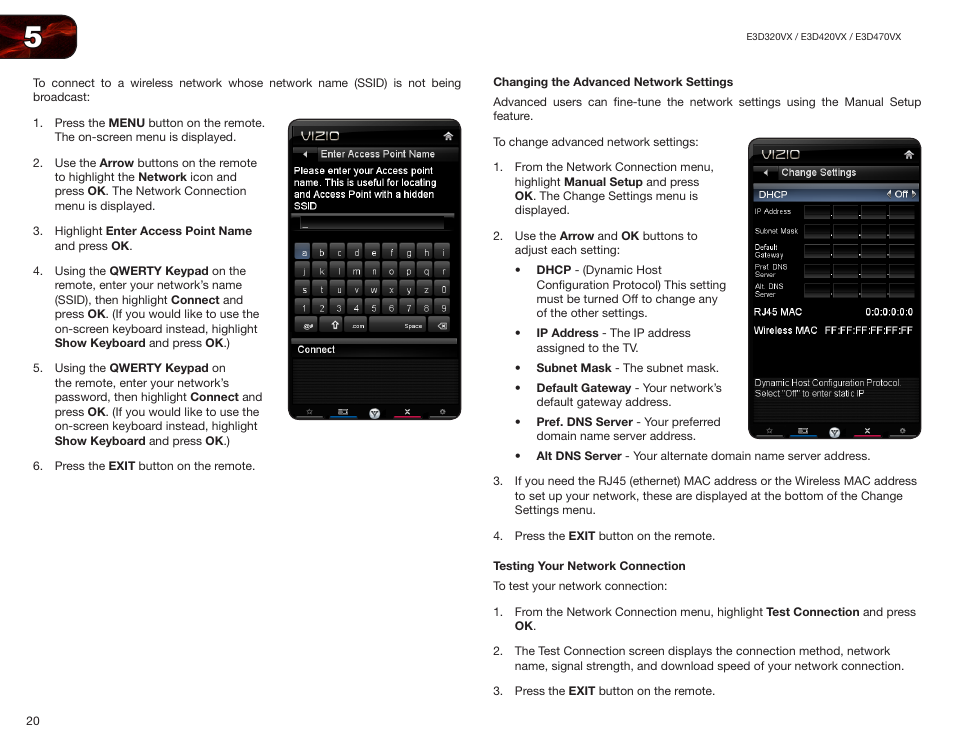 Changing the advanced network settings, Testing your network connection | Vizio E3D420VX User Manual | Page 29 / 56