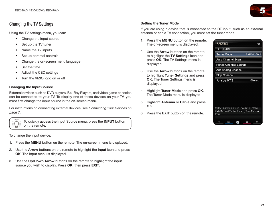 Changing the tv settings, Changing the input source, Setting the tuner mode | Changing the input source setting the tuner mode | Vizio E3D420VX User Manual | Page 30 / 56