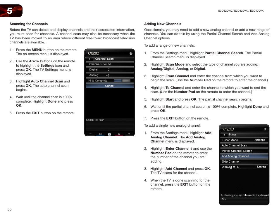 Scanning for channels, Adding new channels, Scanning for channels adding new channels | Vizio E3D420VX User Manual | Page 31 / 56