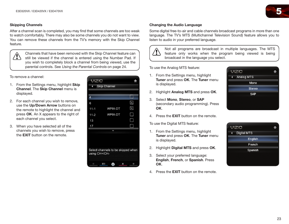 Skipping channels, Changing the audio language, Skipping channels changing the audio language | Vizio E3D420VX User Manual | Page 32 / 56