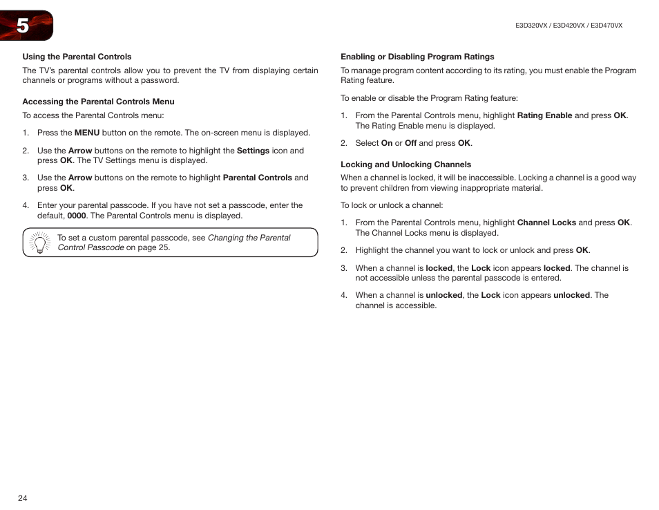 Using the parental controls, Accessing the parental controls menu, Enabling or disabling program ratings | Locking and unlocking channels | Vizio E3D420VX User Manual | Page 33 / 56