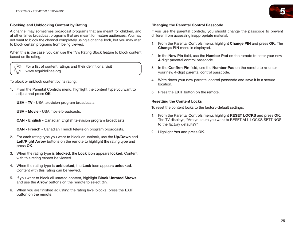 Blocking and unblocking content by rating, Changing the parental control passcode, Resetting the content locks | Vizio E3D420VX User Manual | Page 34 / 56