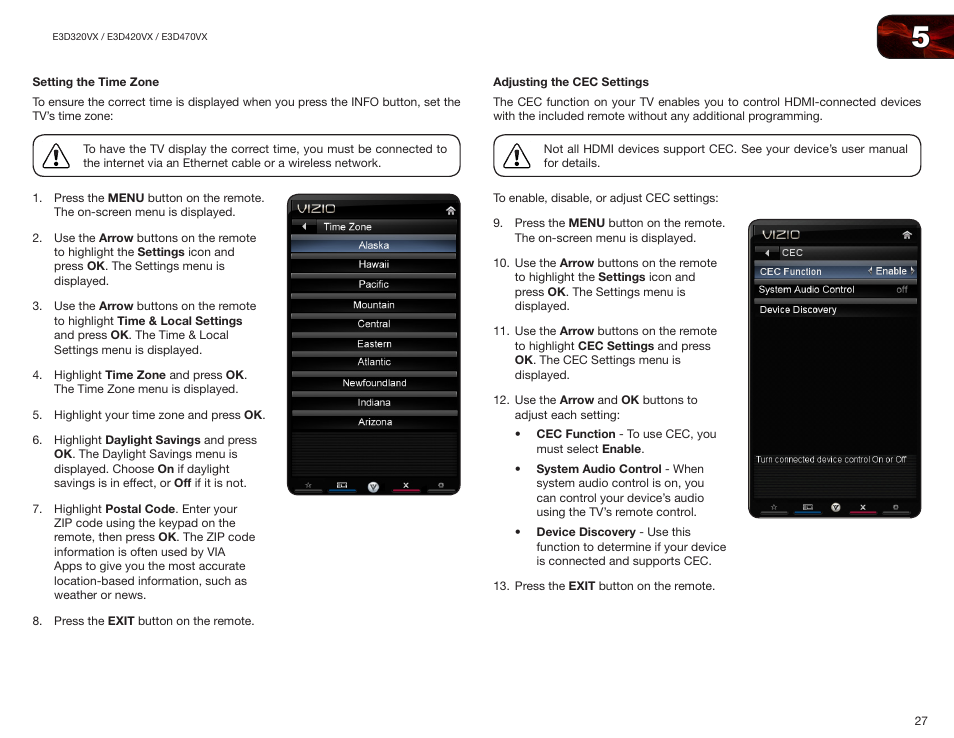 Setting the time zone, Adjusting the cec settings, Setting the time zone adjusting the cec settings | Vizio E3D420VX User Manual | Page 36 / 56