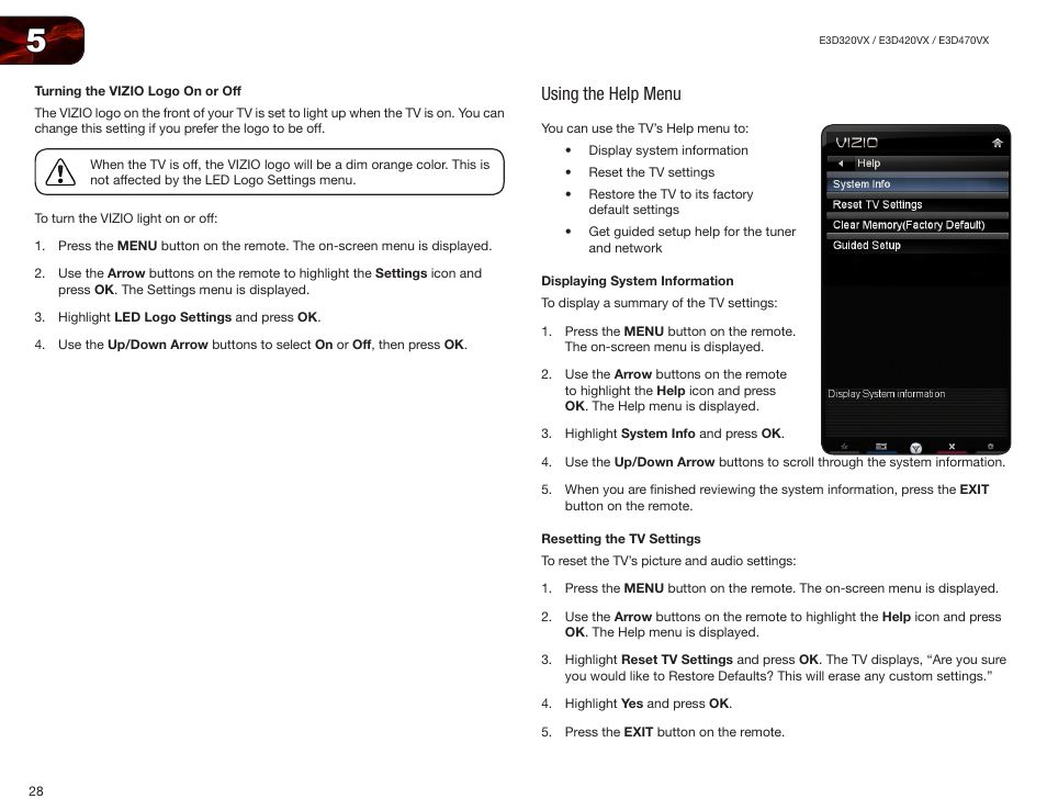 Turning the vizio logo on or off, Using the help menu, Displaying system information | Resetting the tv settings | Vizio E3D420VX User Manual | Page 37 / 56