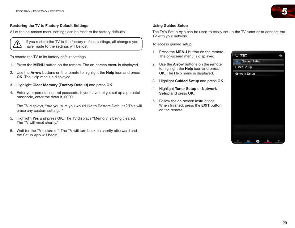 Restoring the tv to factory default settings, Using guided setup, Using guided | Vizio E3D420VX User Manual | Page 38 / 56